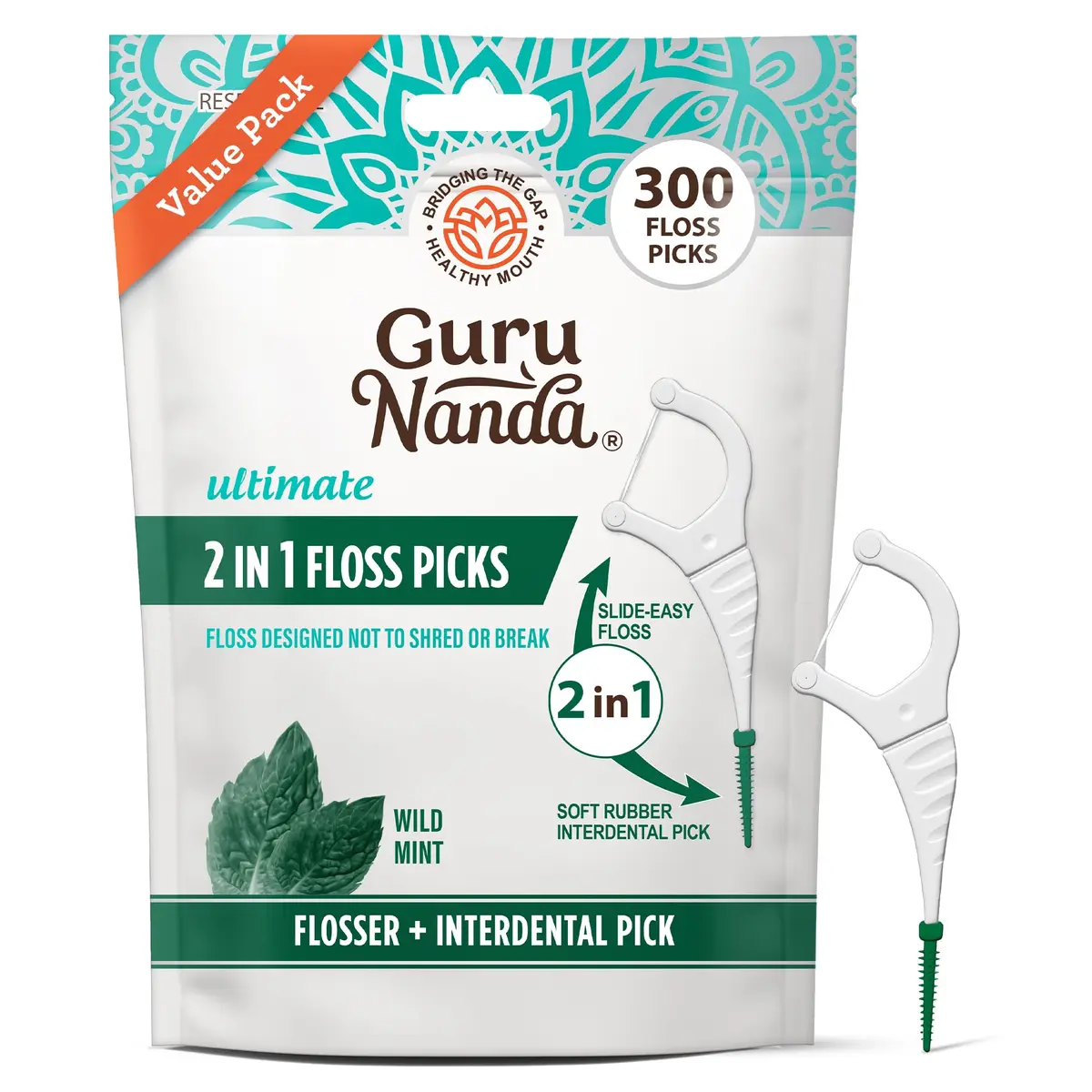 GuruNanda Dental Floss Picks 300ct | 2-in-1 Interdental Floss & Pick for Adults & Kids - main product image
