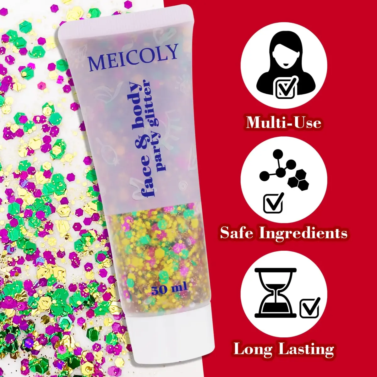 MEICOLY Mardi Gras Brazil Face Glitter Gel, Holographic Body Glitter 50ml (1.9 Fl Oz) | Self-Adhesive Sparkle for Festivals - view 5
