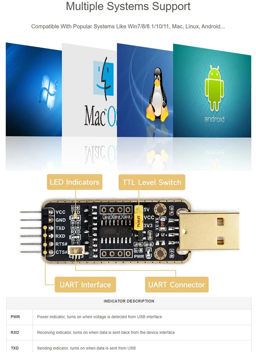 Wonrabai USB to UART Debugger Module for Raspberry Pi 5 | Multi-System UART Connection - view 3