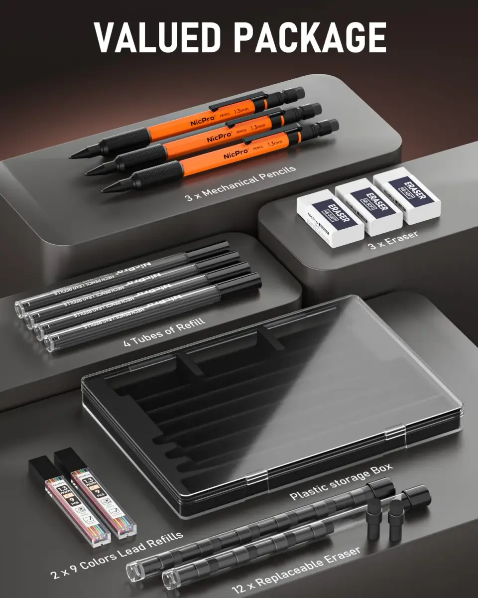 Nicpro 1.3mm Mechanical Pencils Set (3 Pack, Orange) | 3 Pencils, 66 Lead Refills, 3 Erasers - view 5