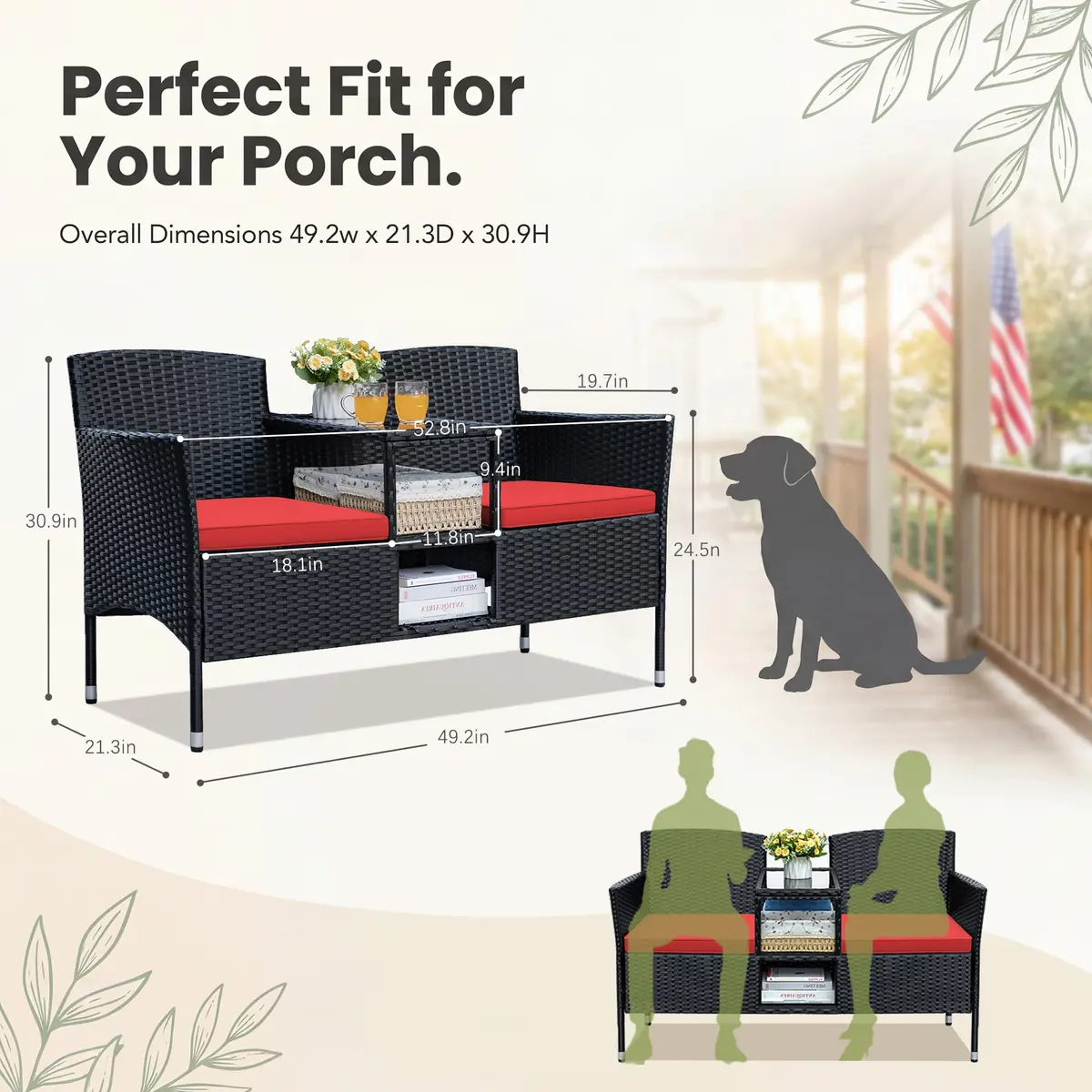 Devoko Outdoor Patio Loveseat Rattan 2-Seat Set, Red | Sturdy & Stylish for Indian Outdoors - view 5