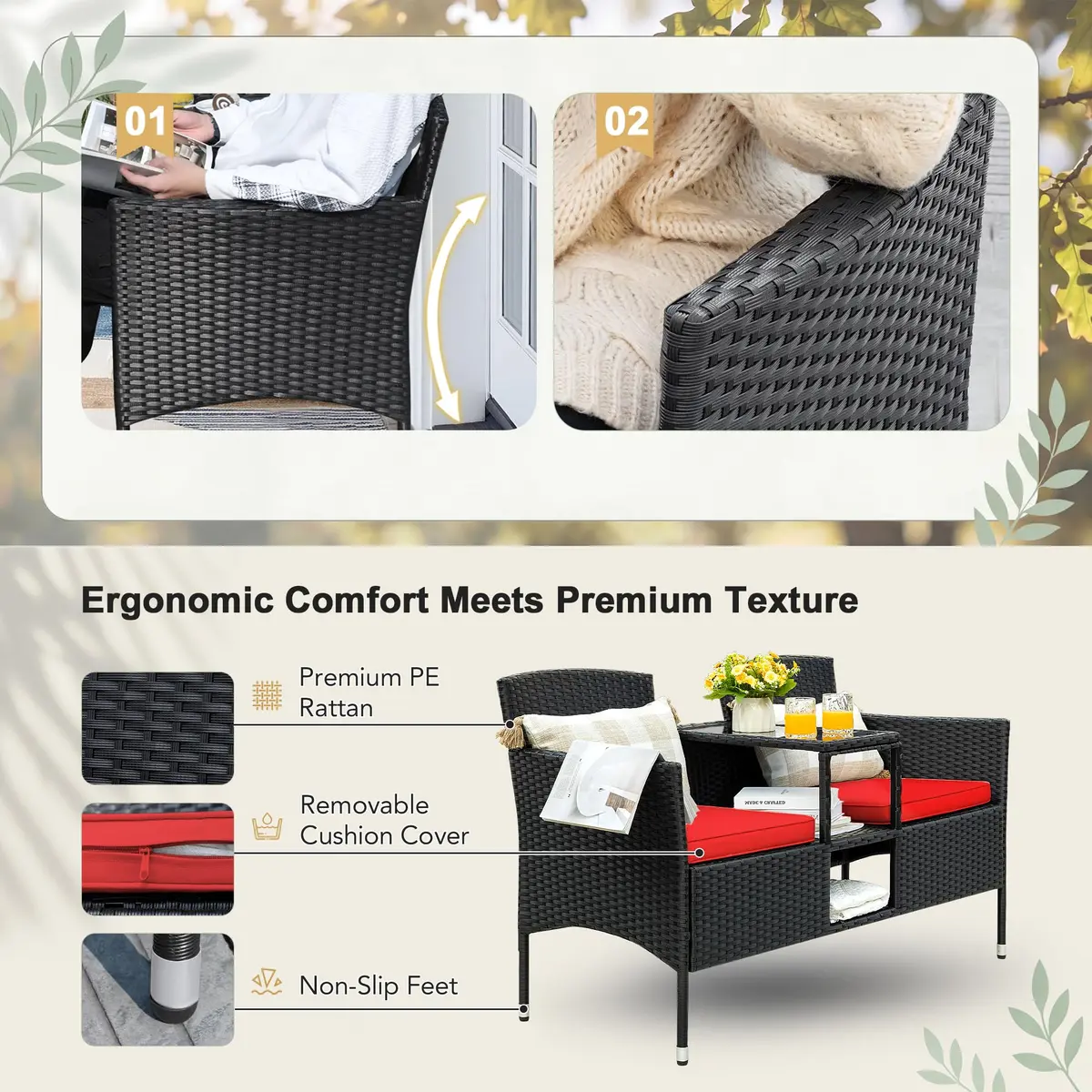 Devoko Outdoor Patio Loveseat Rattan 2-Seat Set, Red | Sturdy & Stylish for Indian Outdoors - view 3