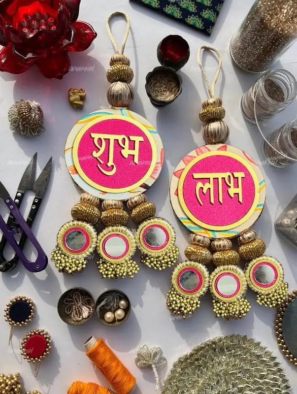 Divyakosh Shubh Labh Door Hanging (2 Pcs) | Handcrafted Indian Decor for Entrance | Bright Pink - view 2