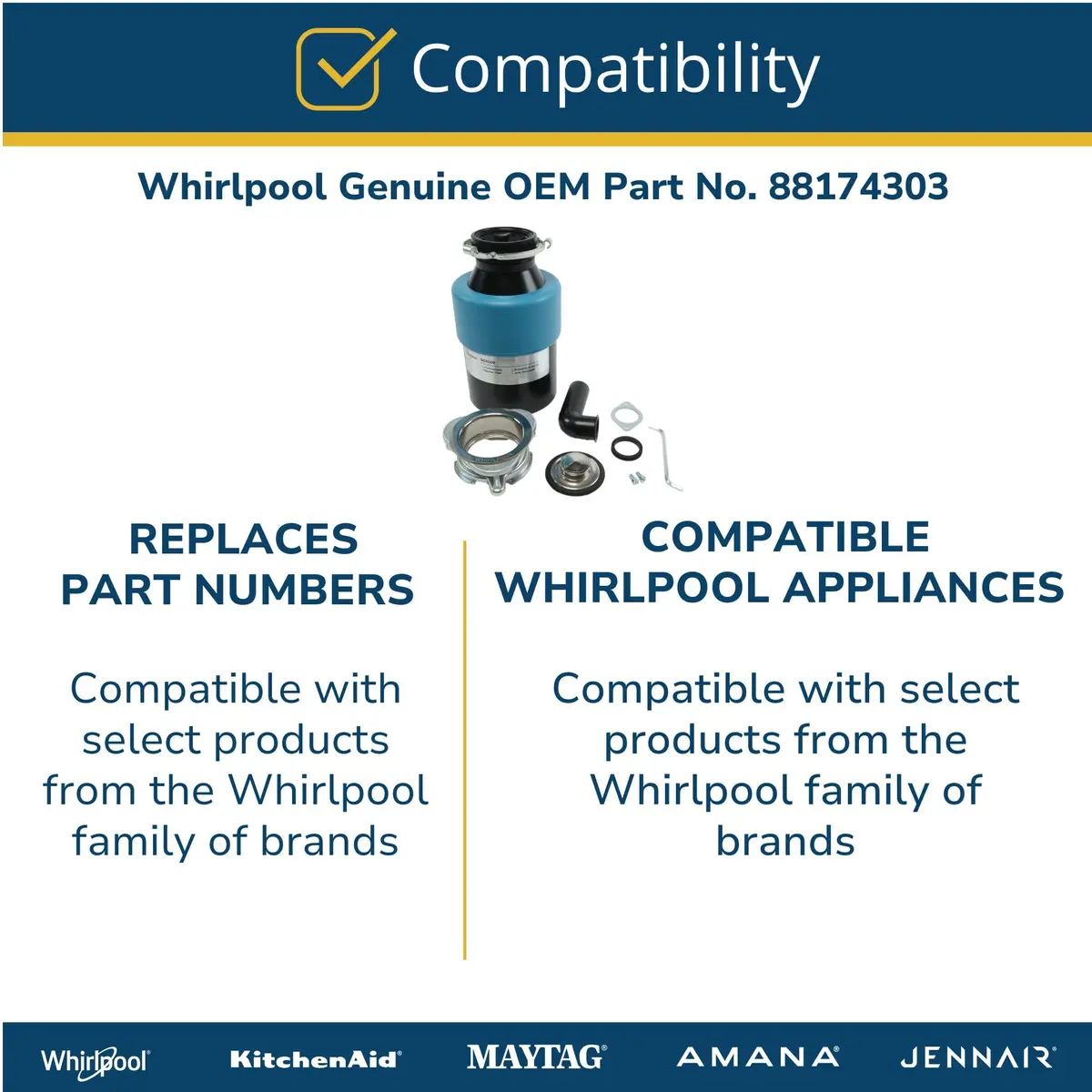 Whirlpool 3/4 HP In-Sink Disposer Replaces GC5000XEA | Continuous Feed, OEM, 1725 RPM, 1 Year Warranty - view 3