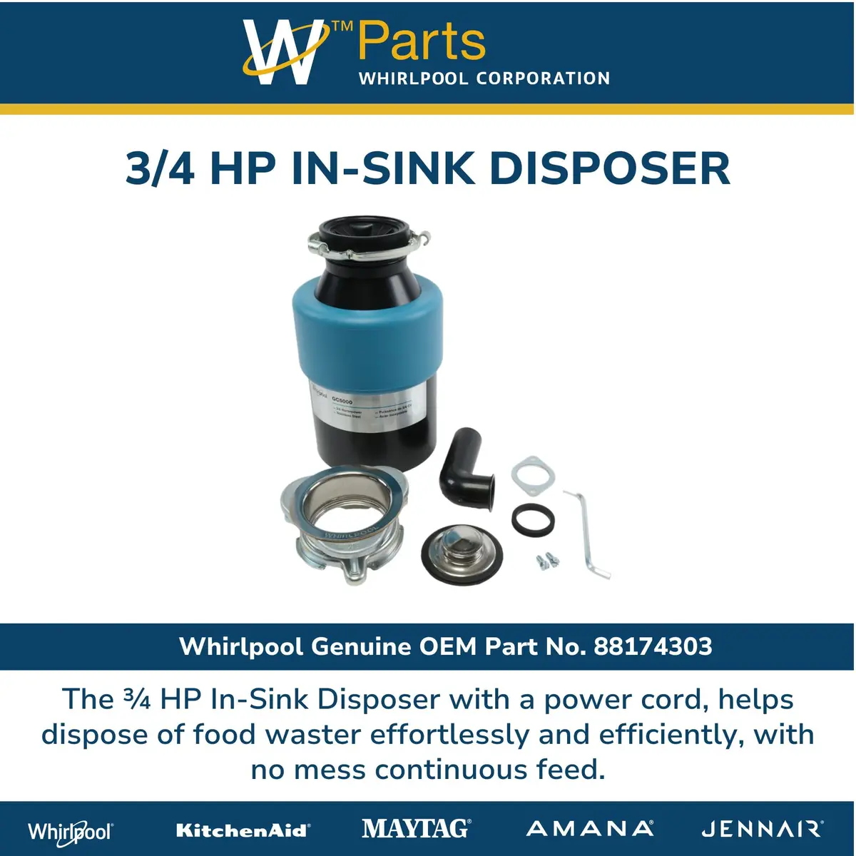 Whirlpool 3/4 HP In-Sink Disposer Replaces GC5000XEA | Continuous Feed, OEM, 1725 RPM, 1 Year Warranty - view 4