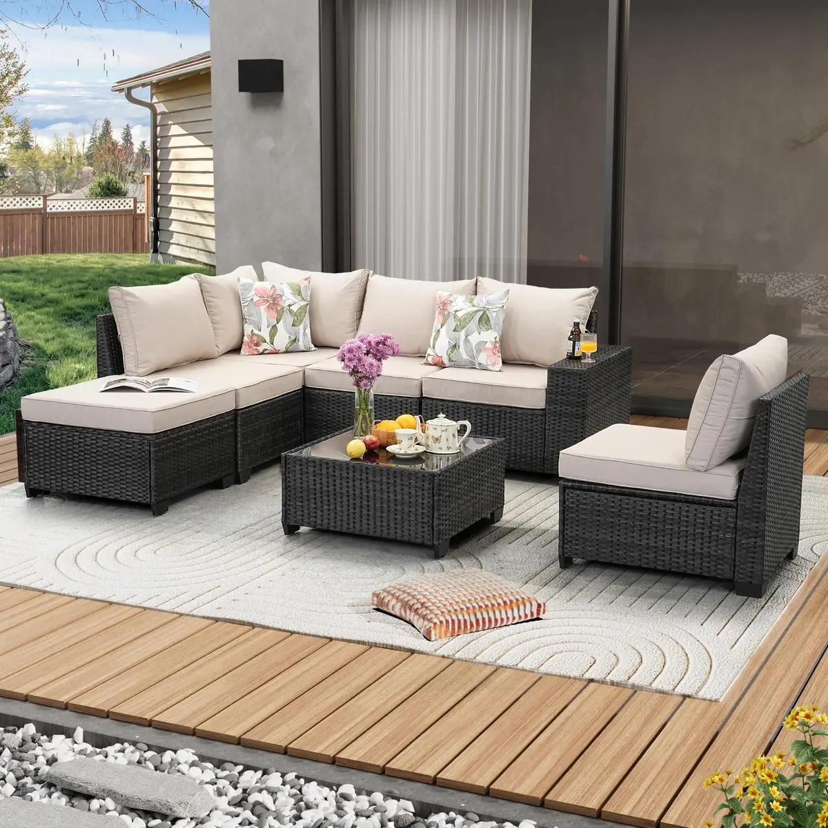 JOYURE 7 Pieces Patio Furniture Set Beige | All-Weather Rattan Outdoor Seating (109 inches) - main product image