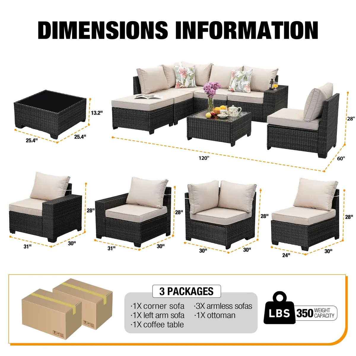 JOYURE 7 Pieces Patio Furniture Set Beige | All-Weather Rattan Outdoor Seating (109 inches) - view 5