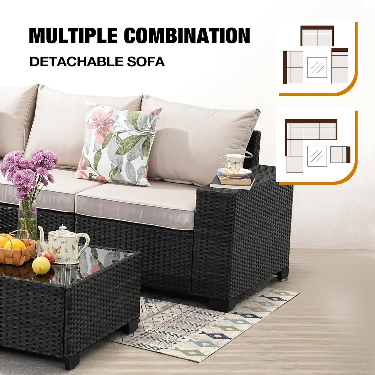 JOYURE 7 Pieces Patio Furniture Set Beige | All-Weather Rattan Outdoor Seating (109 inches) - view 6