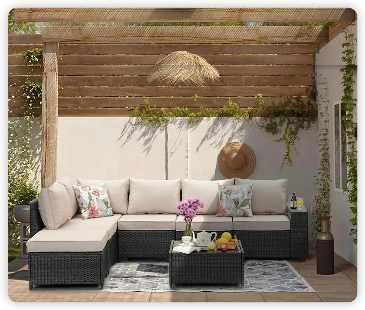 JOYURE 7 Pieces Patio Furniture Set Beige | All-Weather Rattan Outdoor Seating (109 inches) - view 7
