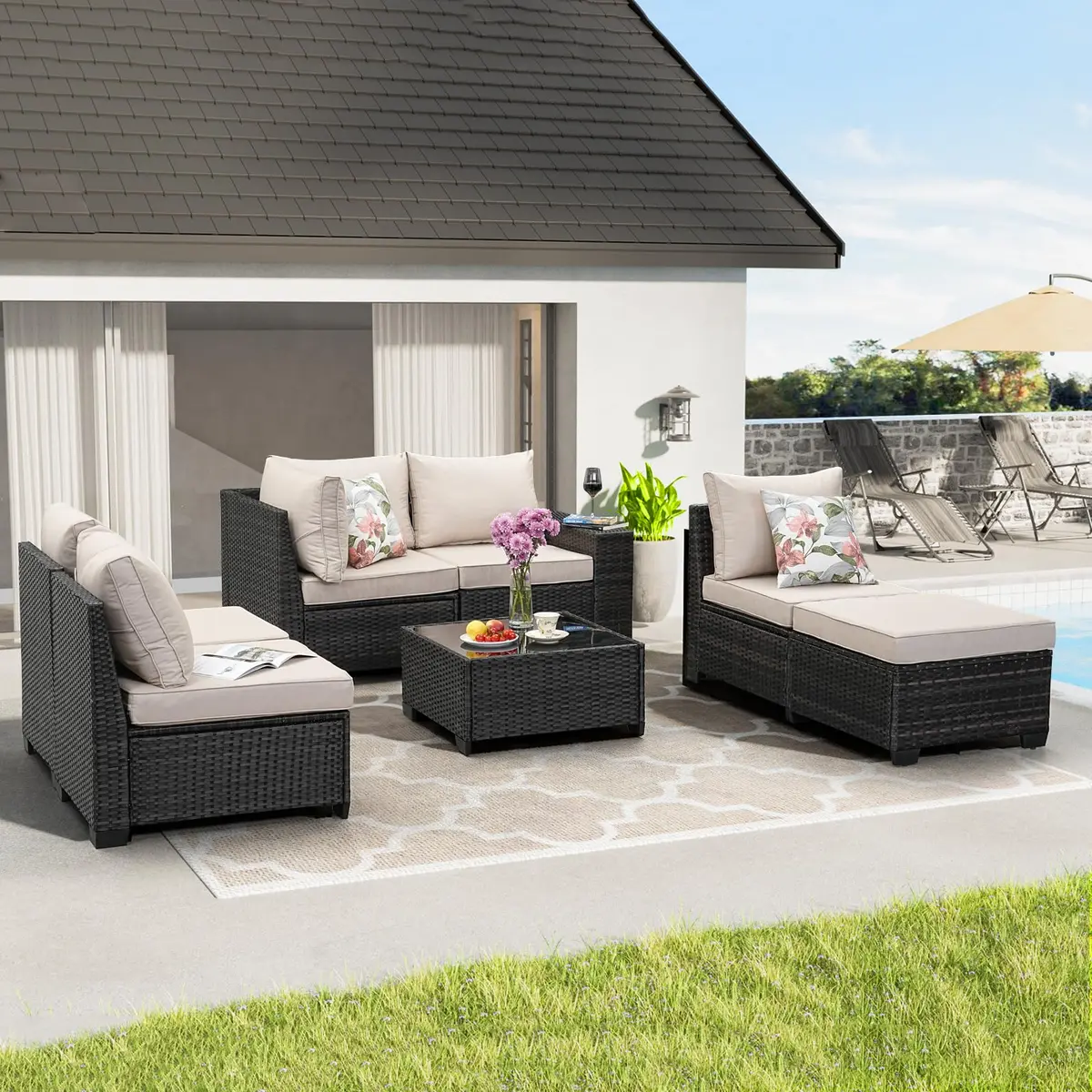 JOYURE 7 Pieces Patio Furniture Set Beige | All-Weather Rattan Outdoor Seating (109 inches) - view 8
