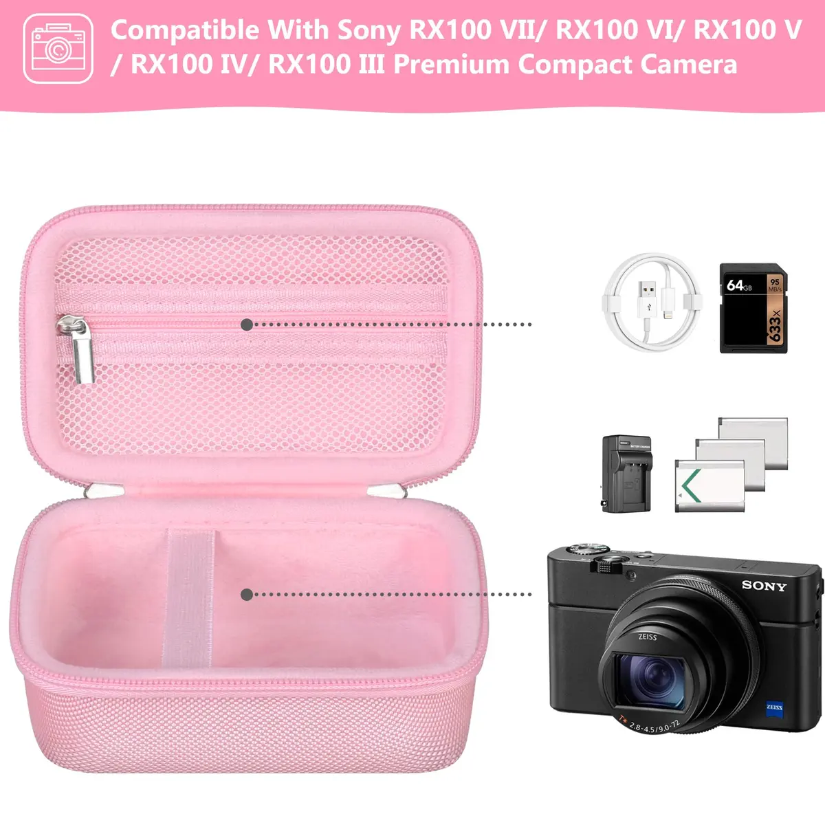 Supmay Pink Camera Case for Sony RX100 VII/VI/V/IV/III Cameras | Compact Travel Pouch with Zipper Mesh Pocket - view 2