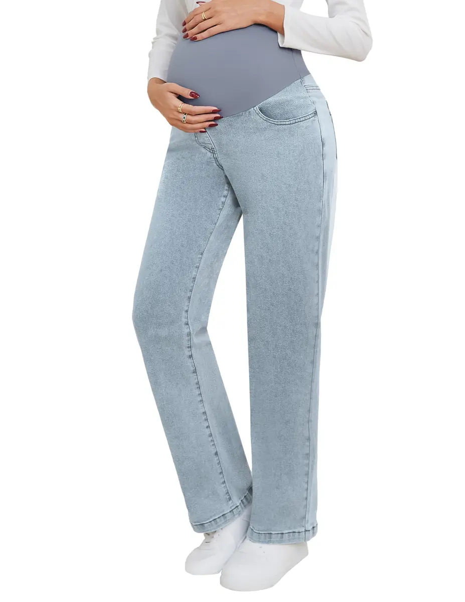 fitglam Maternity Jeans Straight Leg Relaxed Fit Over Belly Pregnancy Denim Work Pants Light Blue Medium | Comfortable Stretch Denim - main product image