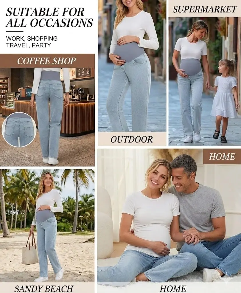 fitglam Maternity Jeans Straight Leg Relaxed Fit Over Belly Pregnancy Denim Work Pants Light Blue Medium | Comfortable Stretch Denim - view 5