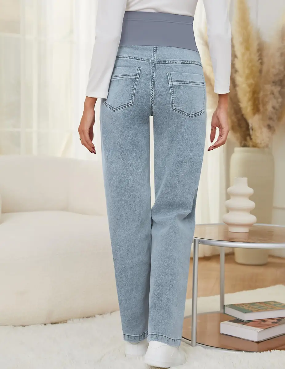 fitglam Maternity Jeans Straight Leg Relaxed Fit Over Belly Pregnancy Denim Work Pants Light Blue Medium | Comfortable Stretch Denim - view 8