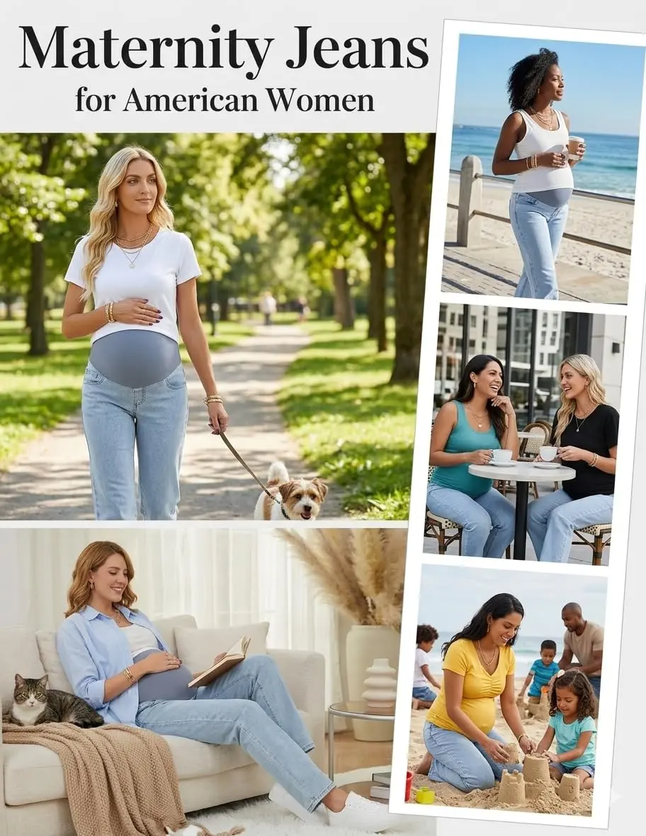 fitglam Maternity Jeans Straight Leg Relaxed Fit Over Belly Pregnancy Denim Work Pants Light Blue Medium | Comfortable Stretch Denim - view 2