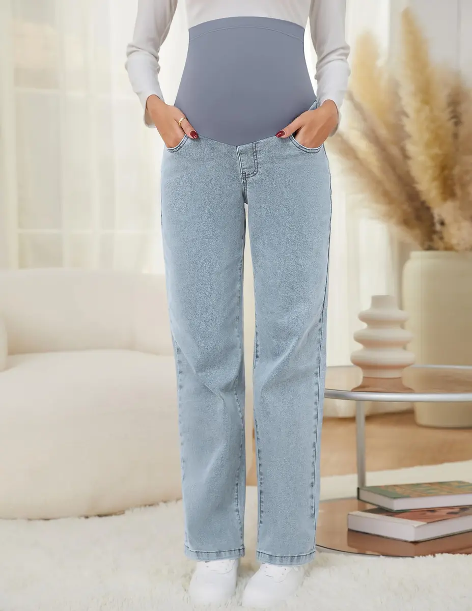 fitglam Maternity Jeans Straight Leg Relaxed Fit Over Belly Pregnancy Denim Work Pants Light Blue Medium | Comfortable Stretch Denim - view 3