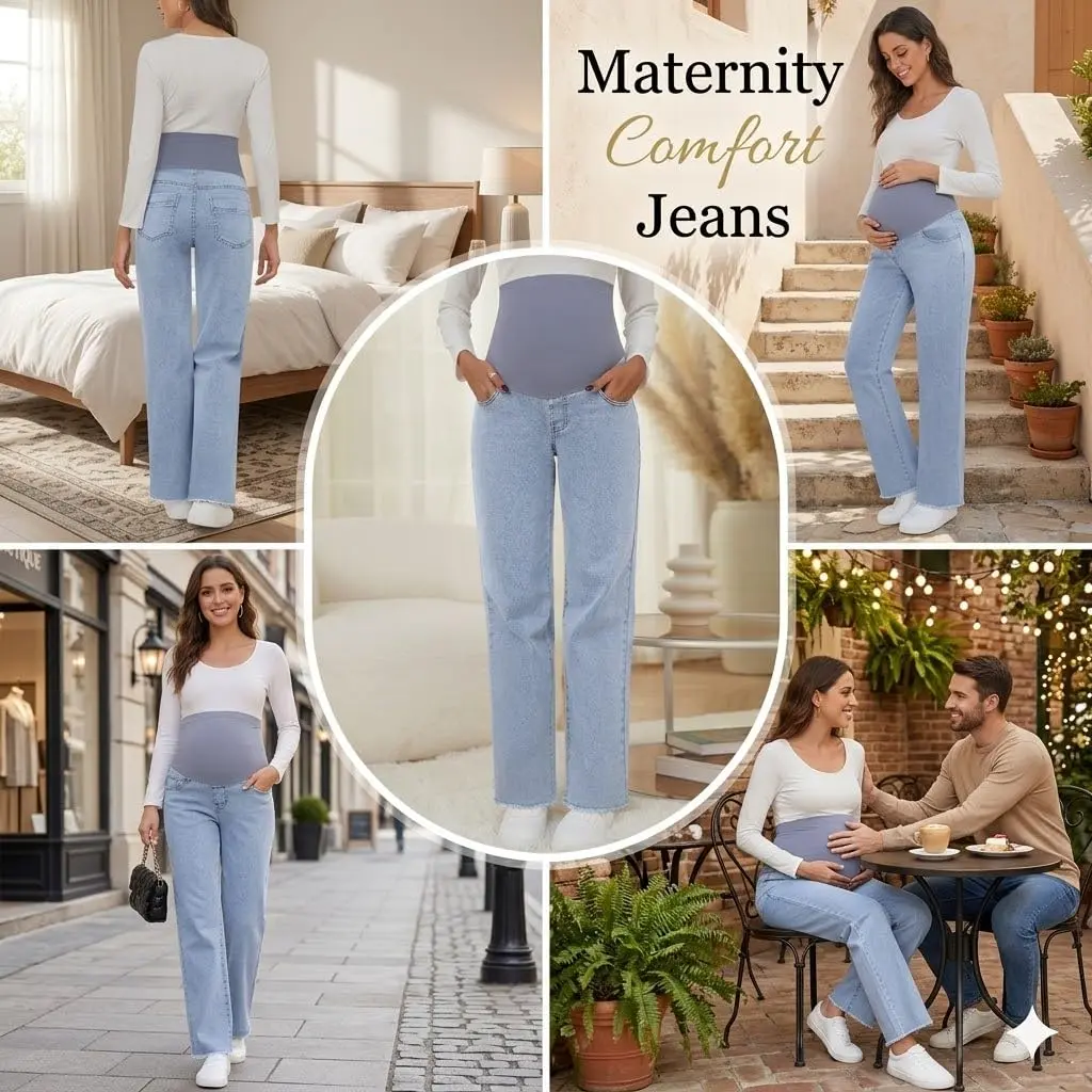 fitglam Maternity Jeans Straight Leg Relaxed Fit Over Belly Pregnancy Denim Work Pants Light Blue Medium | Comfortable Stretch Denim - view 4