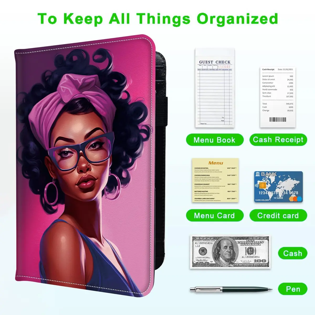 JANENFNA Server Books for Waitress with 7 Large Pockets | Waterproof PU Leather Organizer (7.5in x 5in) - view 5