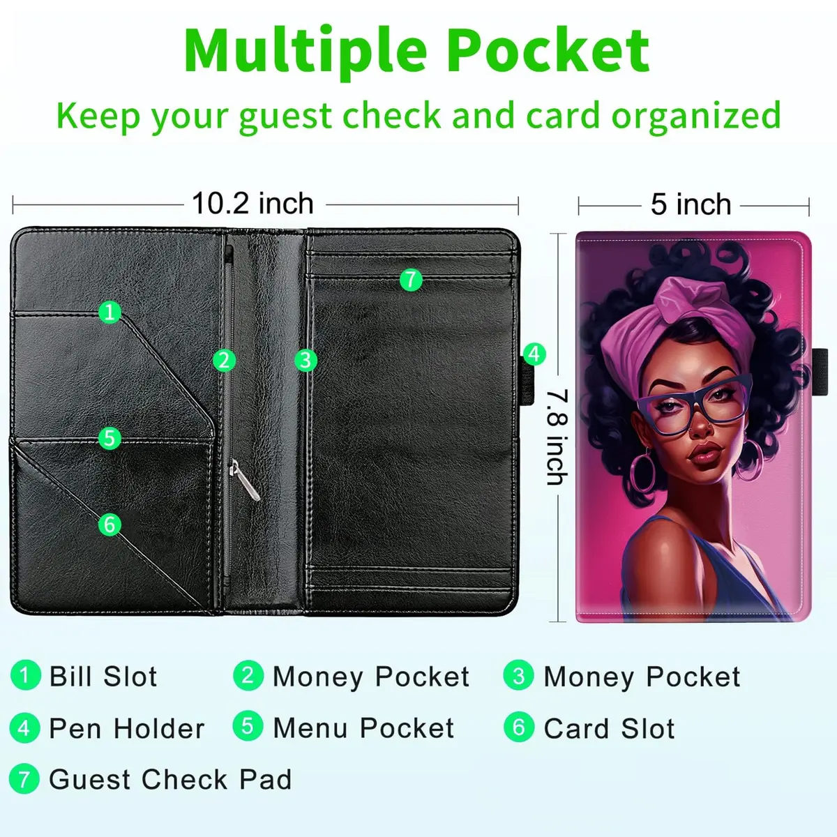 JANENFNA Server Books for Waitress with 7 Large Pockets | Waterproof PU Leather Organizer (7.5in x 5in) - view 3