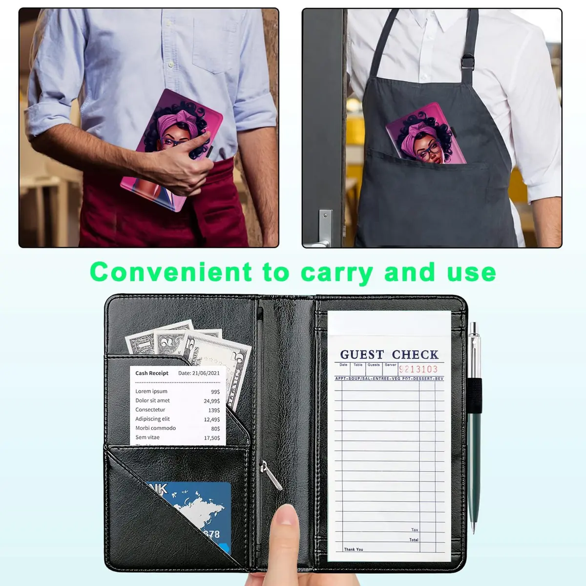 JANENFNA Server Books for Waitress with 7 Large Pockets | Waterproof PU Leather Organizer (7.5in x 5in) - view 4