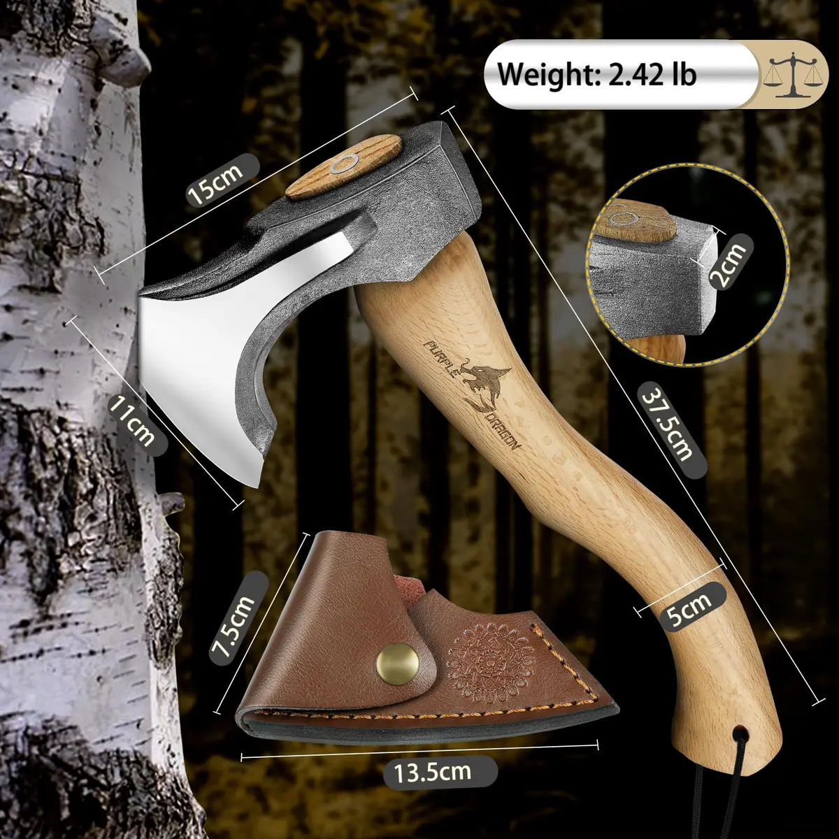 Purple Dragon Camping Hatchet 14.7 Inch Hand Forged Splitting Axe | Outdoor Wood Splitting & Bushcraft Tool - view 2