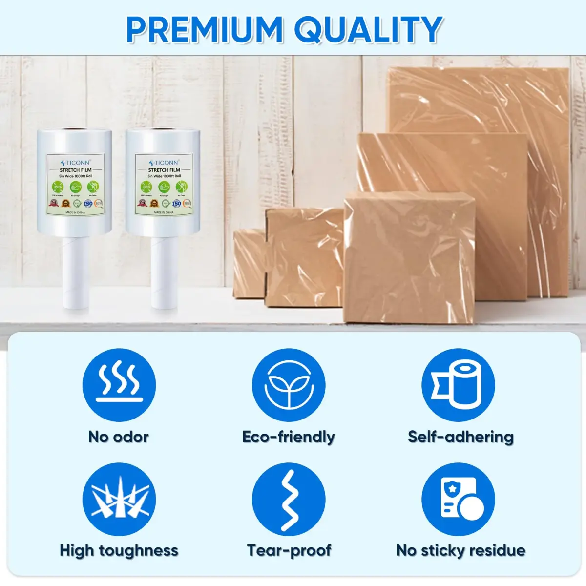 TICONN Clear Stretch Wrap Film Roll 1000ft x 5 Inch with Handles | Industrial Strength Pallet Wrap for Shipping & Moving - view 2