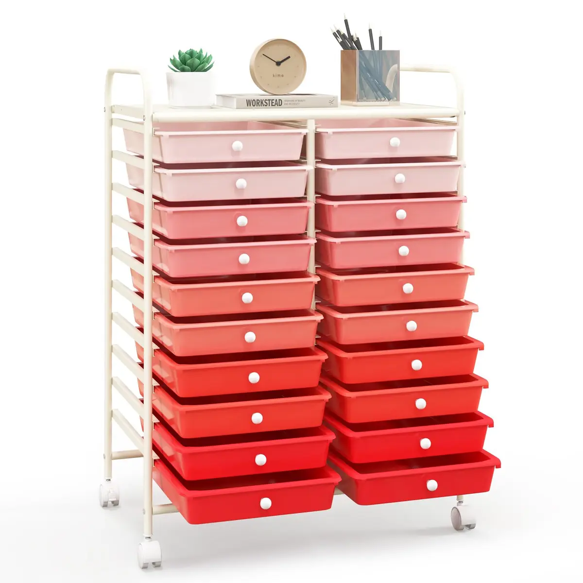 HAPPYGRILL 20-Drawer Organizer Cart Tools | Mobile Utility Storage with Lockable Wheels (Gradient Pink) | 25x15x35 inches - main product image