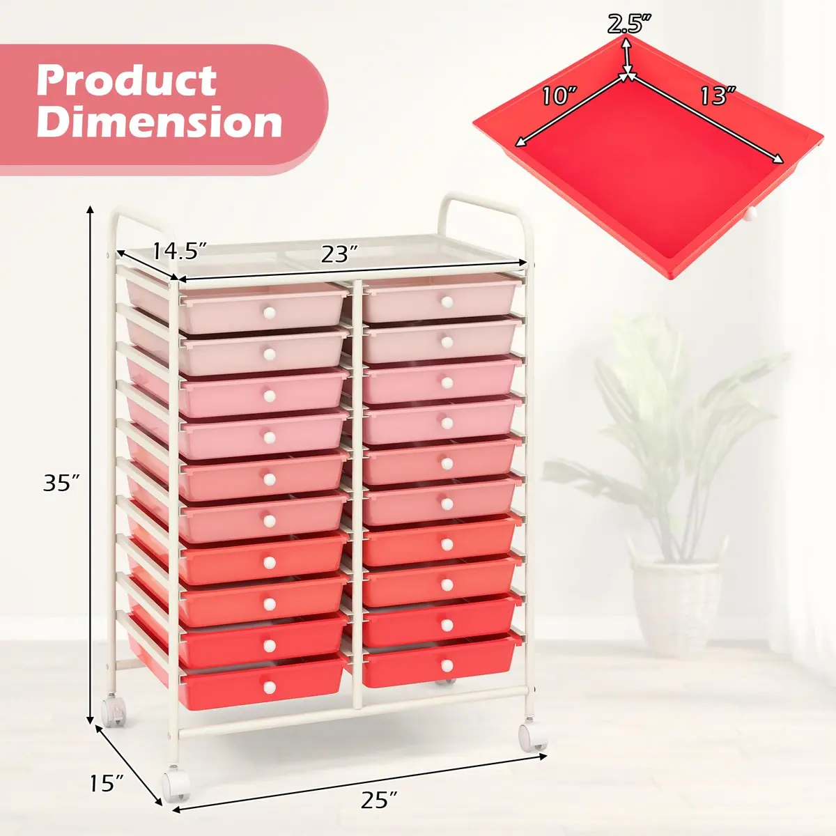 HAPPYGRILL 20-Drawer Organizer Cart Tools | Mobile Utility Storage with Lockable Wheels (Gradient Pink) | 25x15x35 inches - view 7