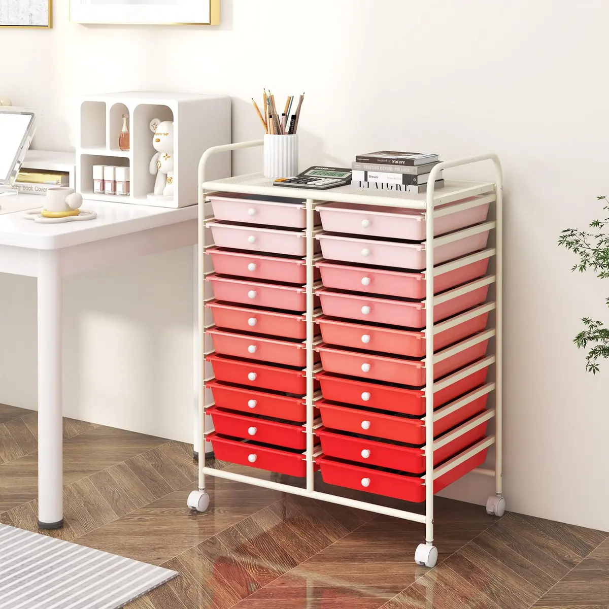 HAPPYGRILL 20-Drawer Organizer Cart Tools | Mobile Utility Storage with Lockable Wheels (Gradient Pink) | 25x15x35 inches - view 2