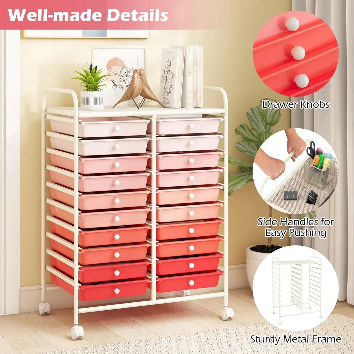 HAPPYGRILL 20-Drawer Organizer Cart Tools | Mobile Utility Storage with Lockable Wheels (Gradient Pink) | 25x15x35 inches - view 3