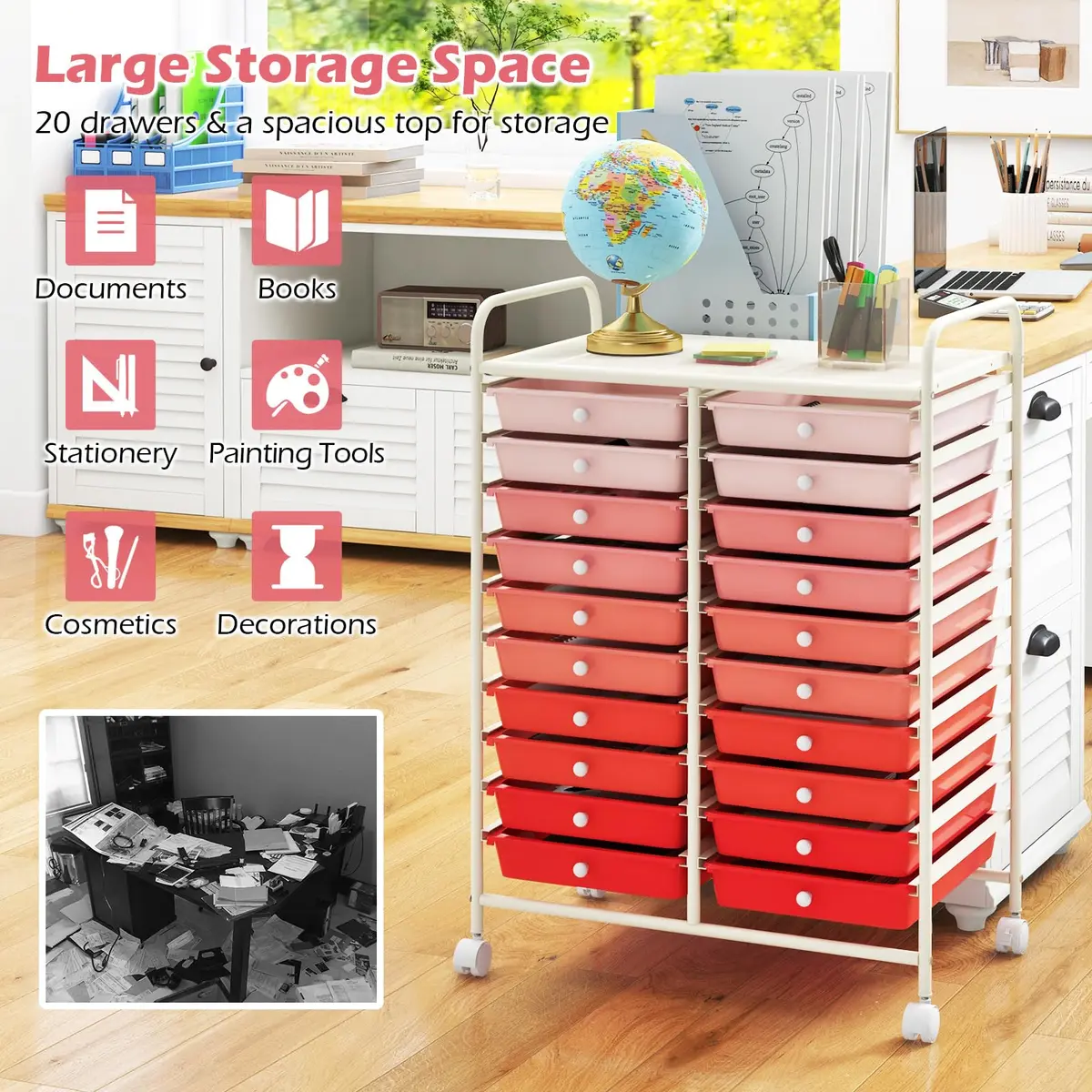 HAPPYGRILL 20-Drawer Organizer Cart Tools | Mobile Utility Storage with Lockable Wheels (Gradient Pink) | 25x15x35 inches - view 4