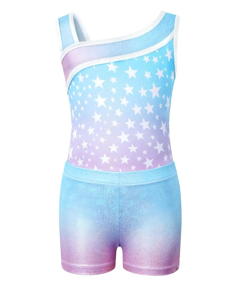 JiAmy Girls Gymnastics Leotards 3 Pcs Sleeveless Sparkly Dance Unitards Set (Size 9-10 Years, Gradient Blue Stars) - view 2