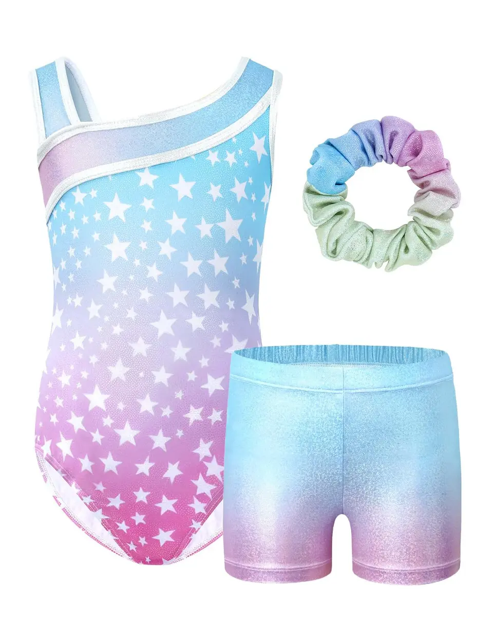 JiAmy Girls Gymnastics Leotards 3 Pcs Sleeveless Sparkly Dance Unitards Set (Size 5-6 Years) - main product image
