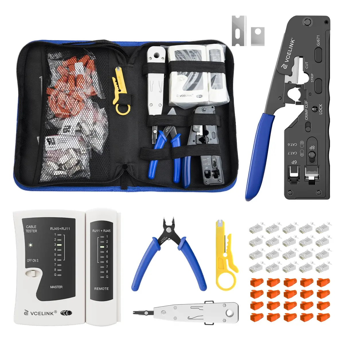 VCELINK RJ45 Crimp Tool Kit with Punch Down Tool & Tester | 43-Piece Network Cable Installation Set - main product image
