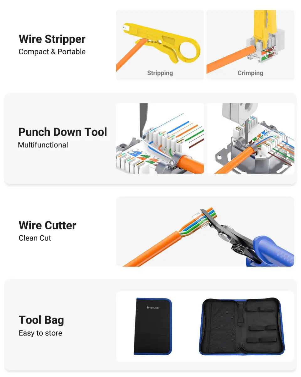 VCELINK RJ45 Crimp Tool Kit with Punch Down Tool & Tester | 43-Piece Network Cable Installation Set - view 7