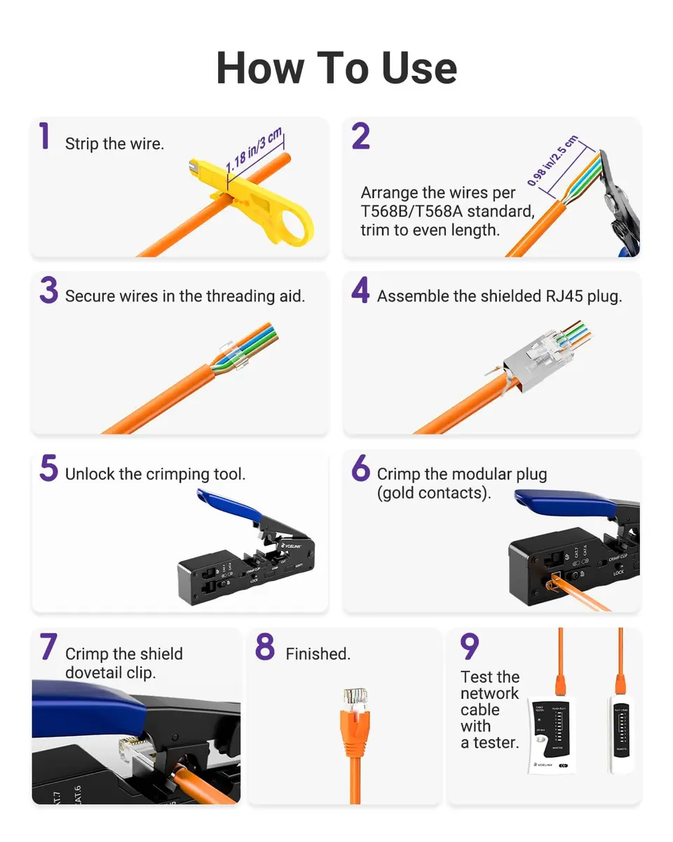 VCELINK RJ45 Crimp Tool Kit with Punch Down Tool & Tester | 43-Piece Network Cable Installation Set - view 8