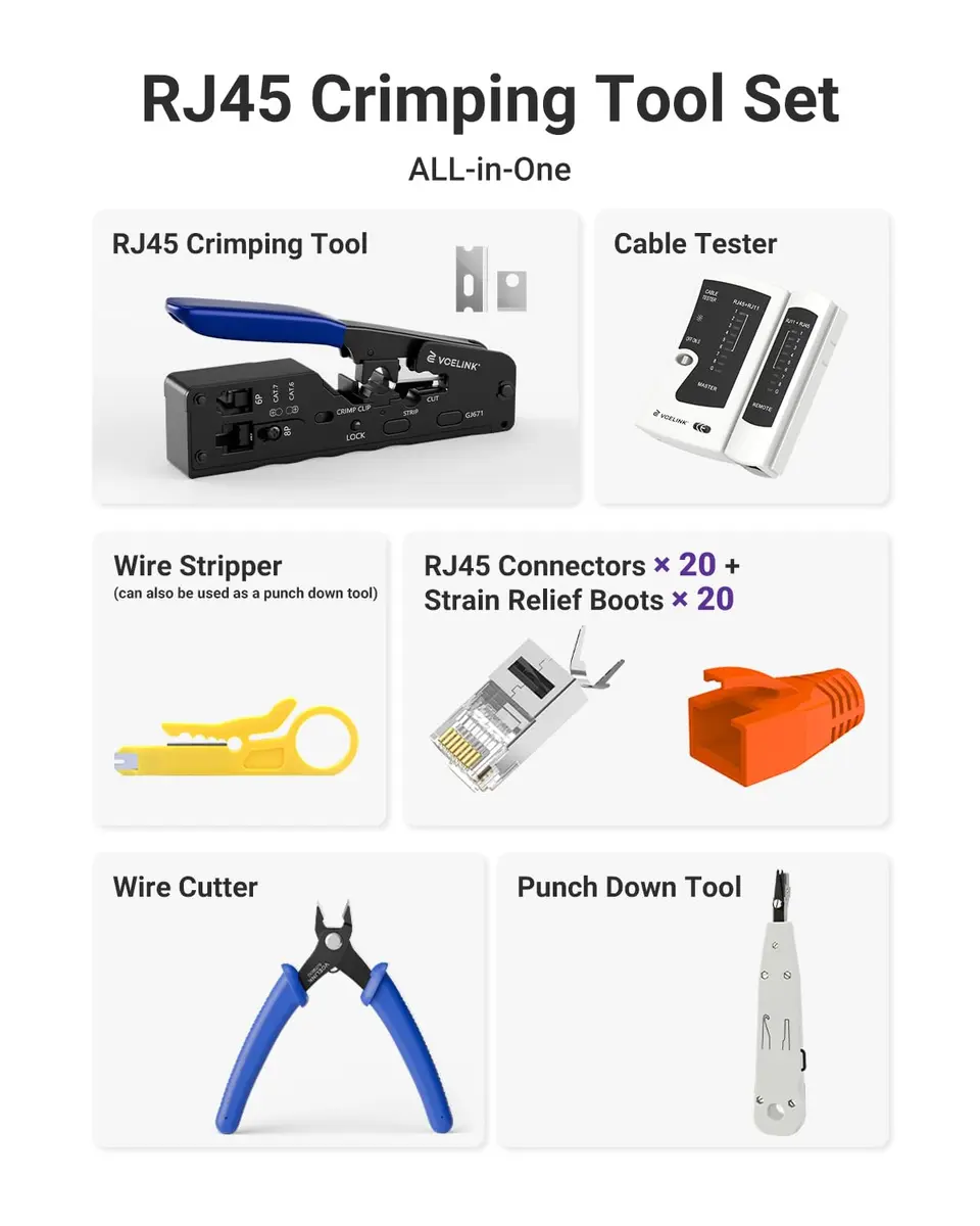 VCELINK RJ45 Crimp Tool Kit with Punch Down Tool & Tester | 43-Piece Network Cable Installation Set - view 3
