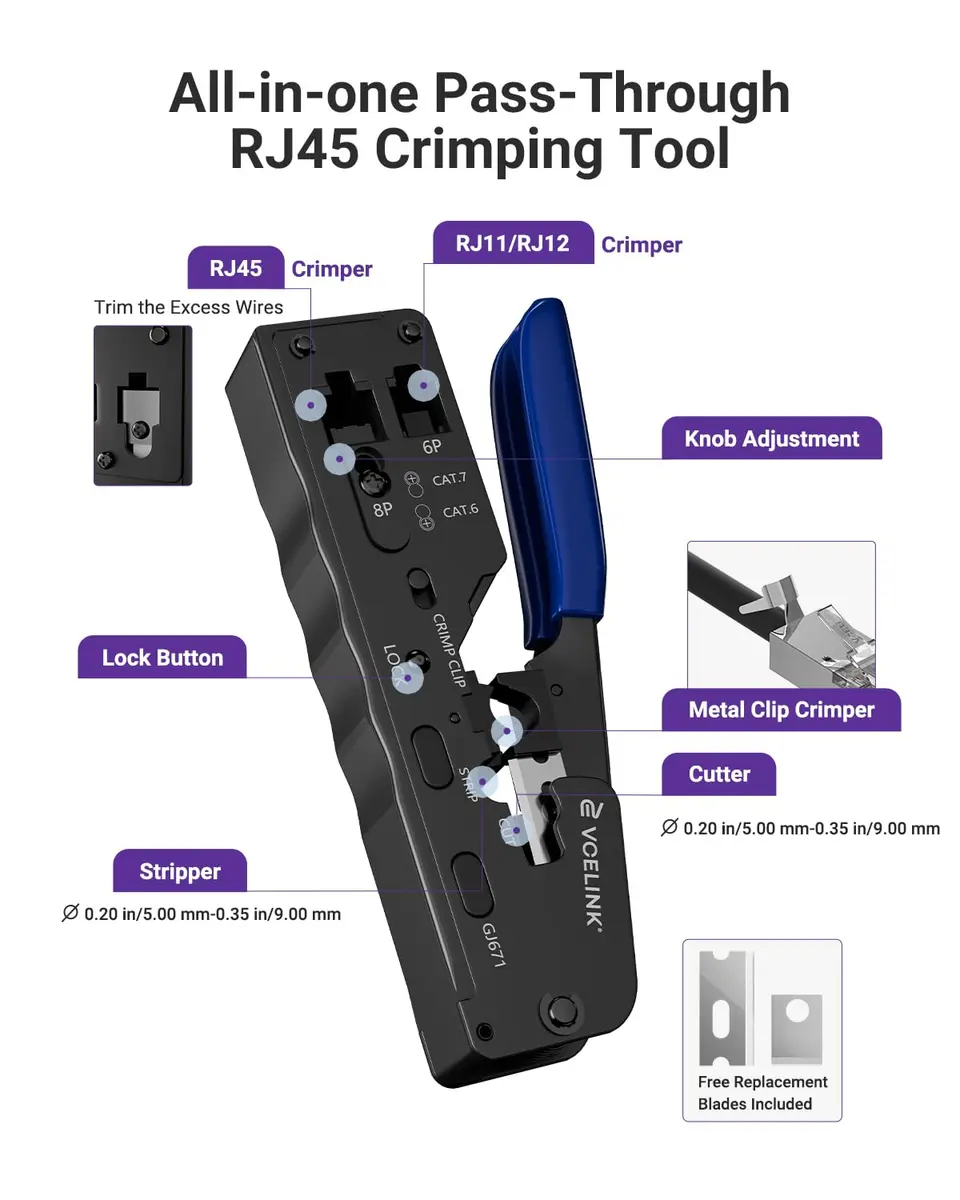 VCELINK RJ45 Crimp Tool Kit with Punch Down Tool & Tester | 43-Piece Network Cable Installation Set - view 4