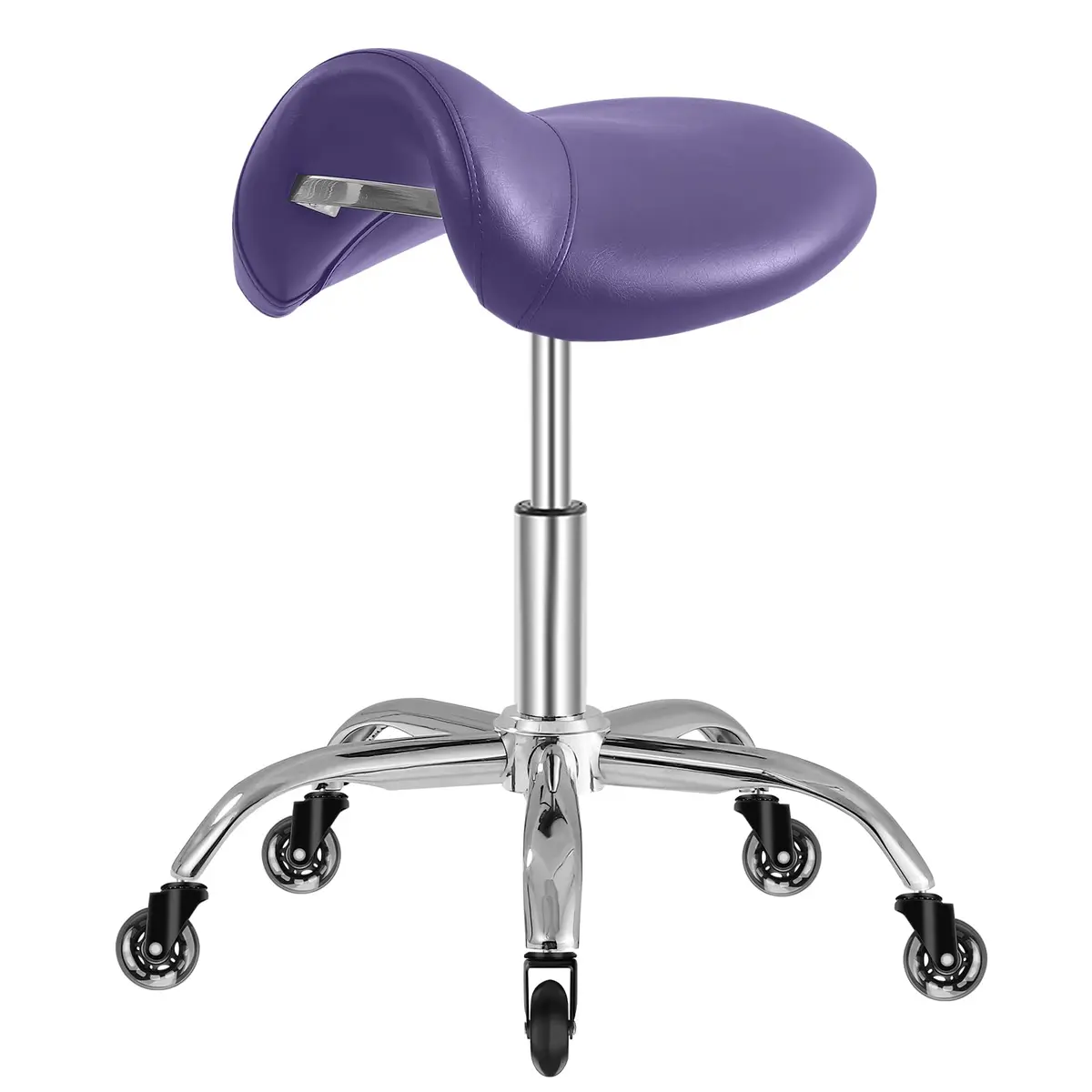 SALONFACTORY Purple Saddle Stool with Wheels | Heavy Duty 300 lbs Ergonomic Seat for Salon & Medical Use - main product image