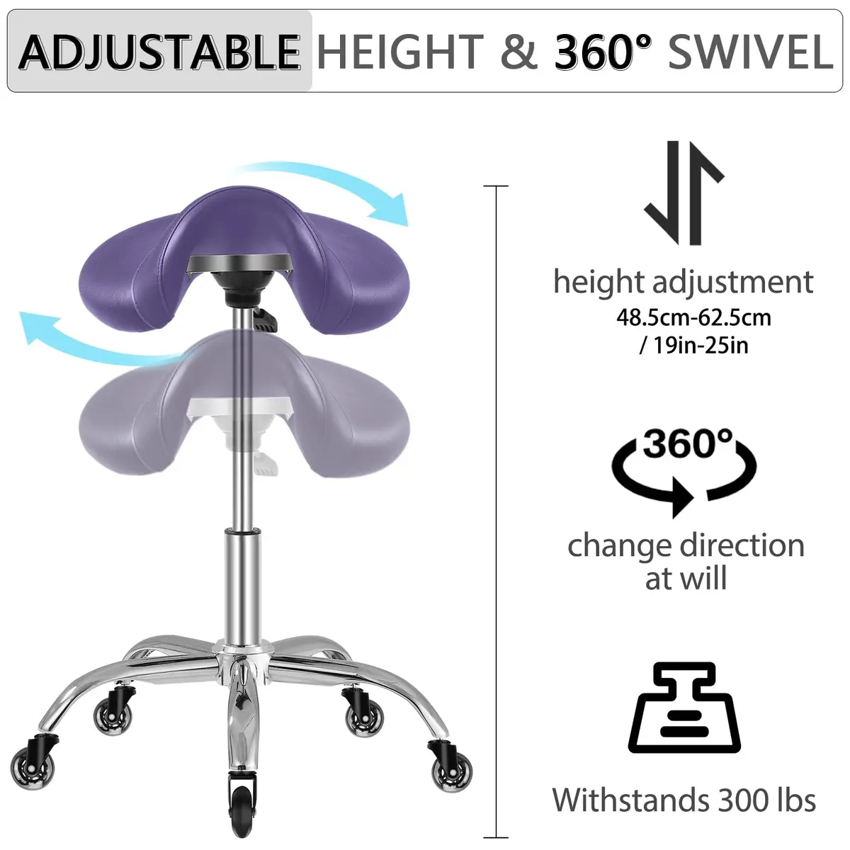 SALONFACTORY Purple Saddle Stool with Wheels | Heavy Duty 300 lbs Ergonomic Seat for Salon & Medical Use - view 6