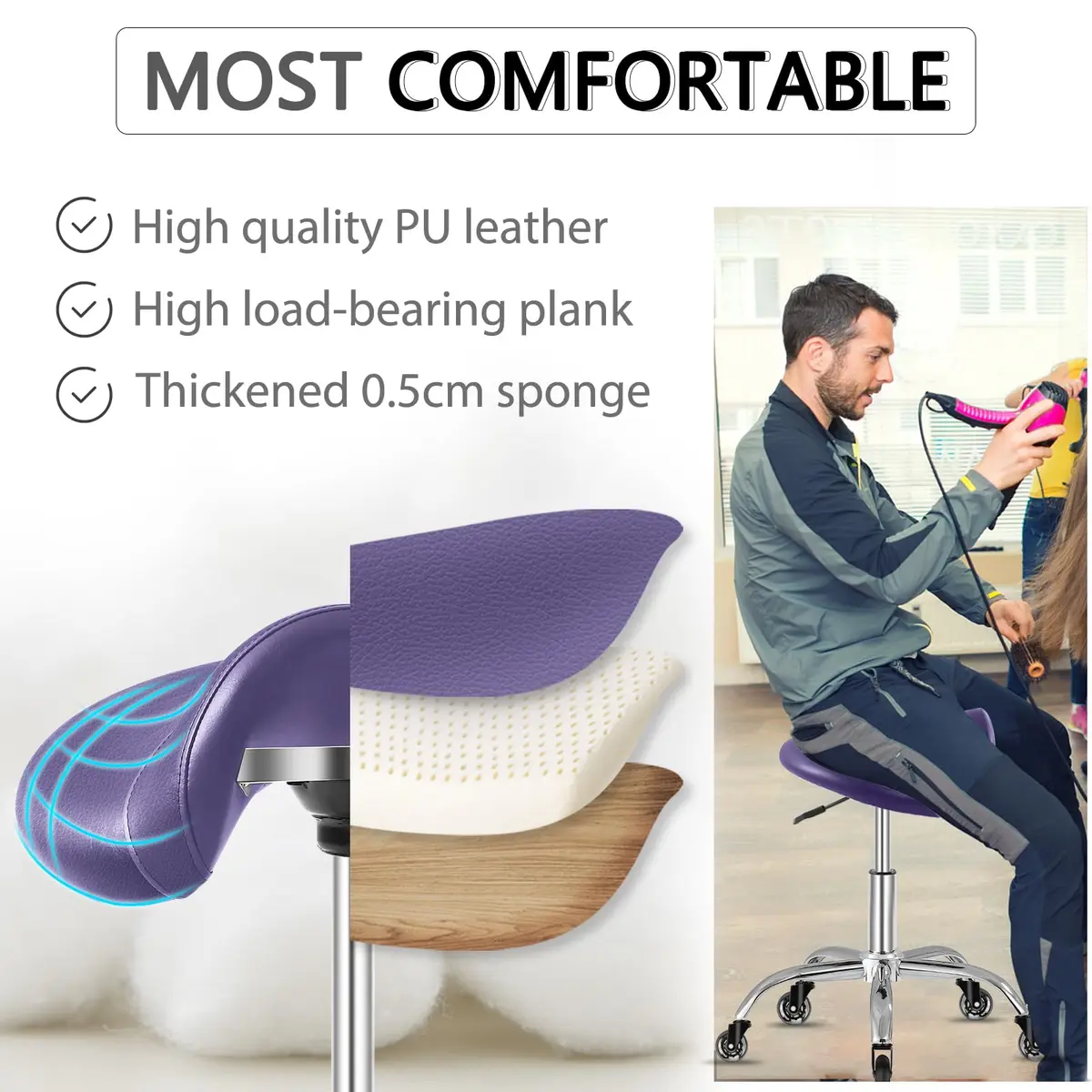 SALONFACTORY Purple Saddle Stool with Wheels | Heavy Duty 300 lbs Ergonomic Seat for Salon & Medical Use - view 3
