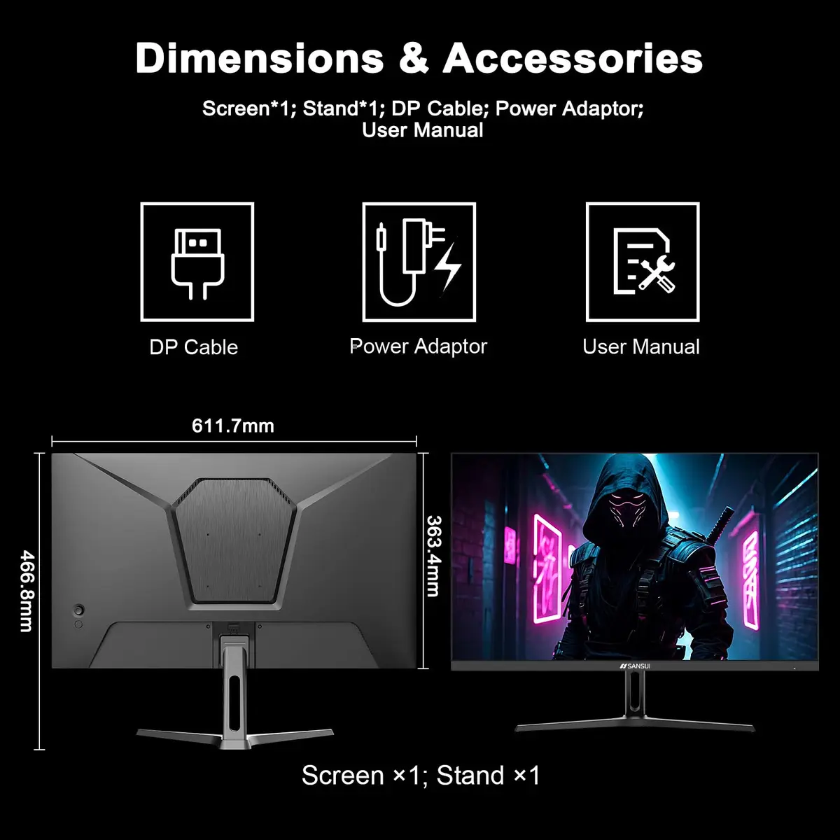 SANSUI 27 Inch WQHD 2560 x 1440 IPS Gaming Monitor, 200Hz 180Hz 1ms, HDR Eye Care, VESA Mount, Metal Stand (DP Cable Included) - view 9