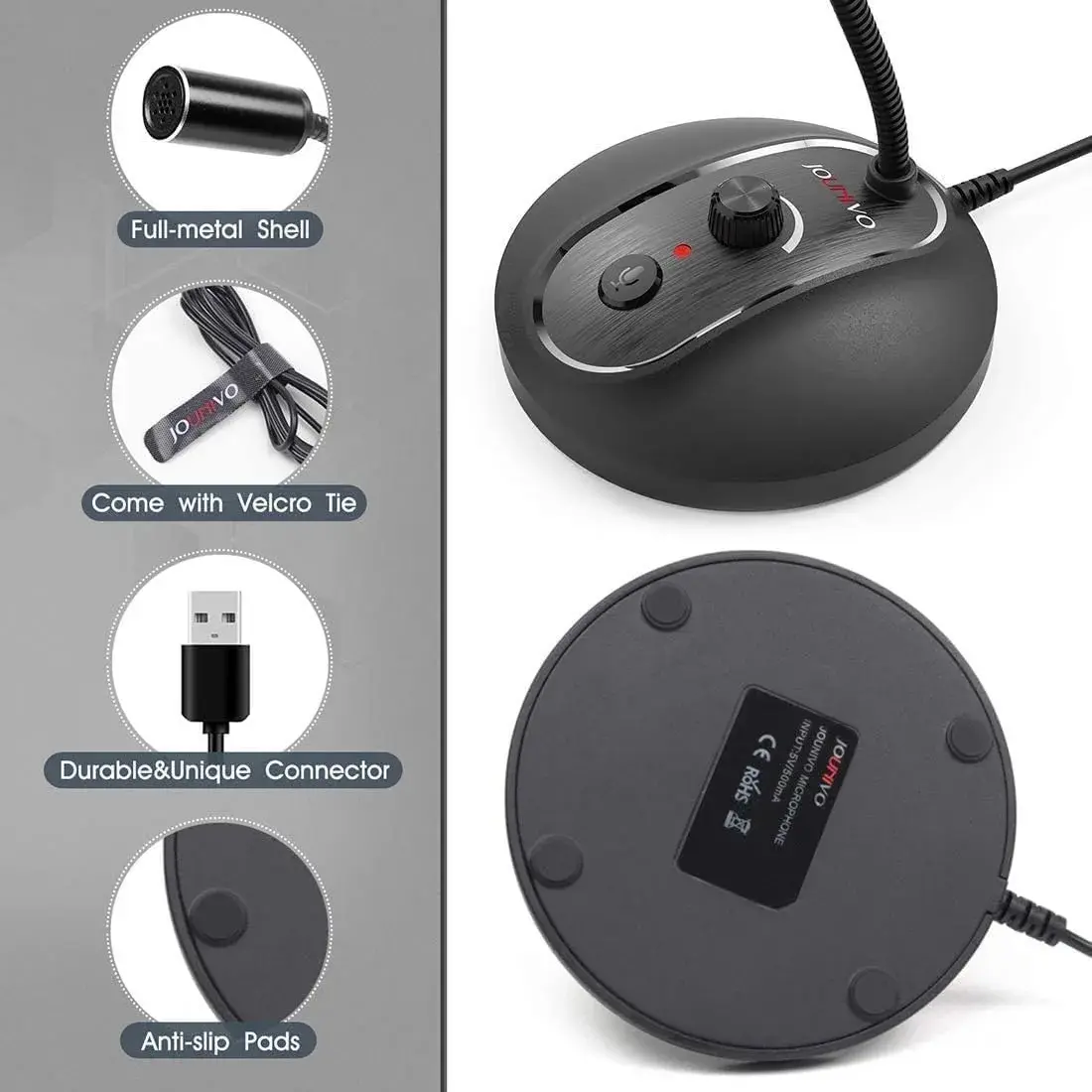JOUNIVO JV-601Pro USB Computer Microphone with Mute Button & LED Indicator | 180cm (6ft) Cable - view 3