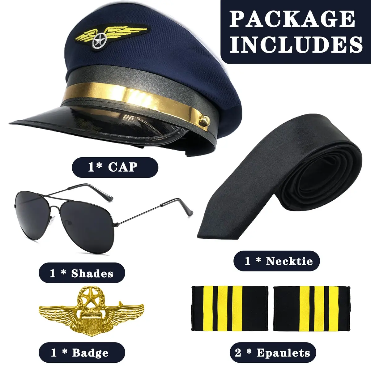 TUSAUW Airline Pilot Captain Costume Set with Aviator Sunglasses Navy Blue | Pilot Role Play Accessories - view 6