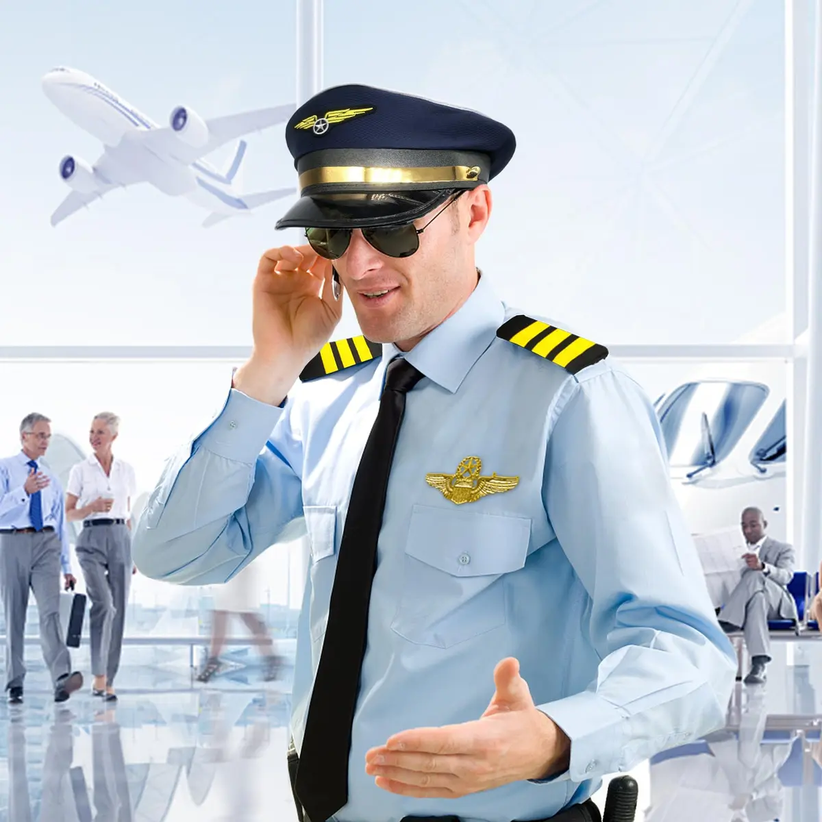 TUSAUW Airline Pilot Captain Costume Set with Aviator Sunglasses Navy Blue | Pilot Role Play Accessories - view 4