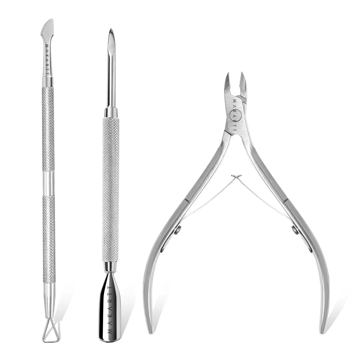 Makartt Silver Cuticle Nipper Set with 2 Pushers | Stainless Steel, Full Jaw, Ergonomic Handle - main product image