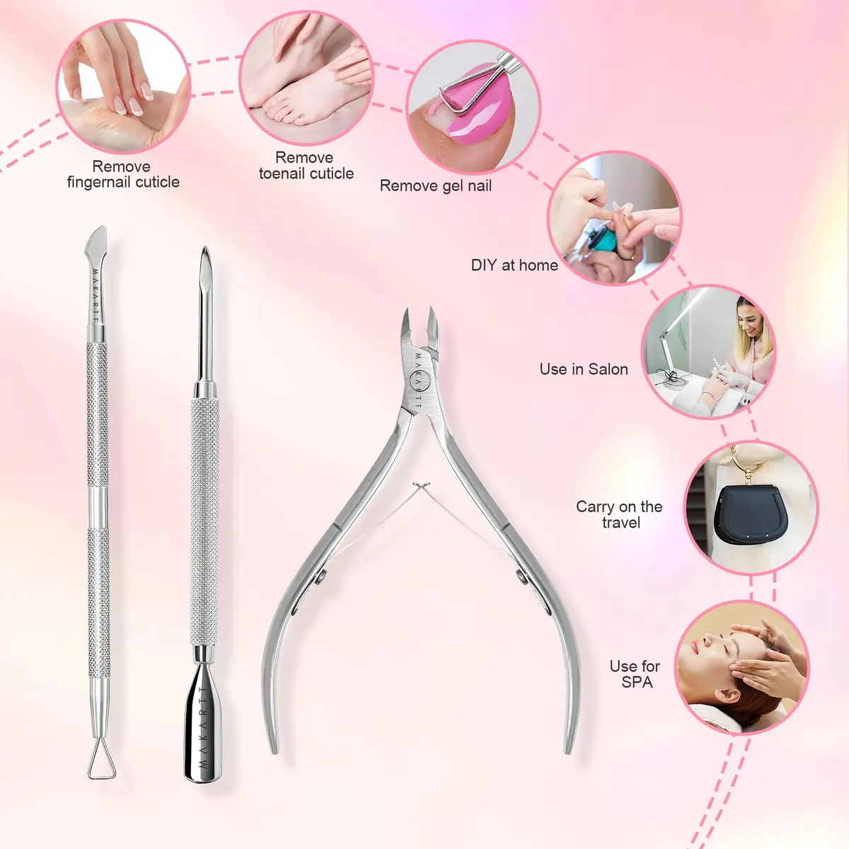 Makartt Silver Cuticle Nipper Set with 2 Pushers | Stainless Steel, Full Jaw, Ergonomic Handle - view 7