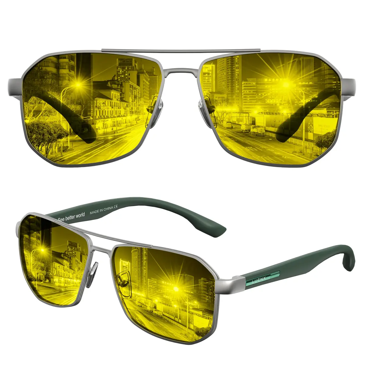 Luenx Night Vision Driving Glasses Yellow Lens Square Polarized Sunglasses 61mm (2.4 inches) | Reduce Glare & Enhance Clarity - main product image