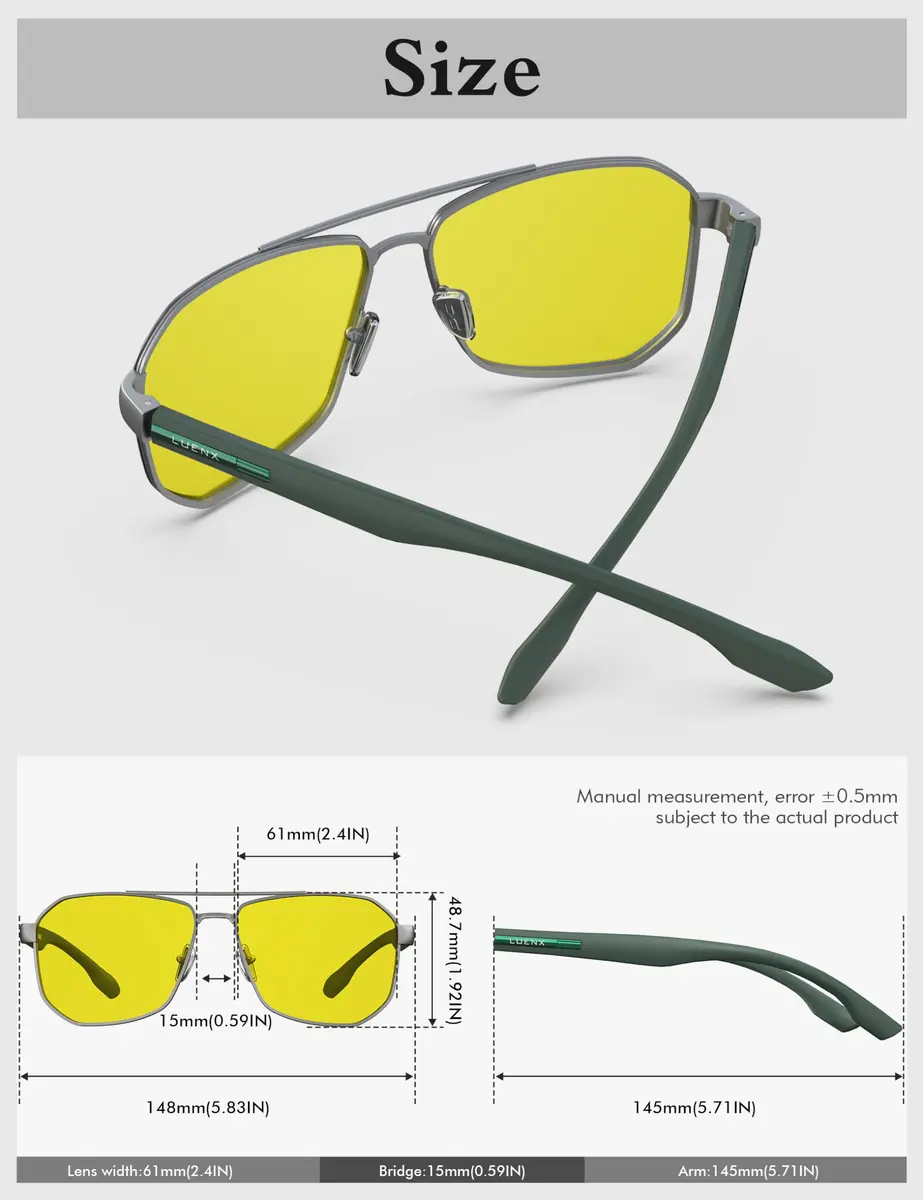 Luenx Night Vision Driving Glasses Yellow Lens Square Polarized Sunglasses 61mm (2.4 inches) | Reduce Glare & Enhance Clarity - view 5