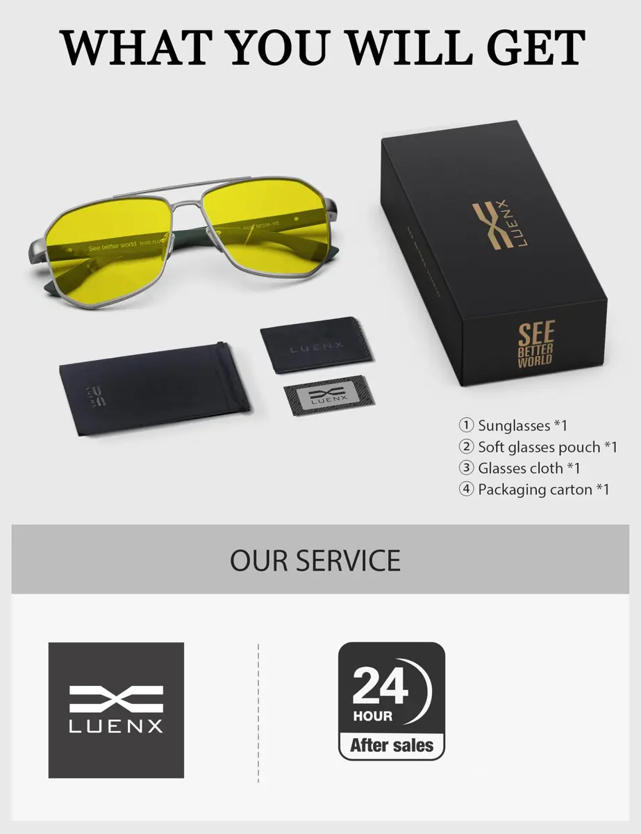 Luenx Night Vision Driving Glasses Yellow Lens Square Polarized Sunglasses 61mm (2.4 inches) | Reduce Glare & Enhance Clarity - view 6